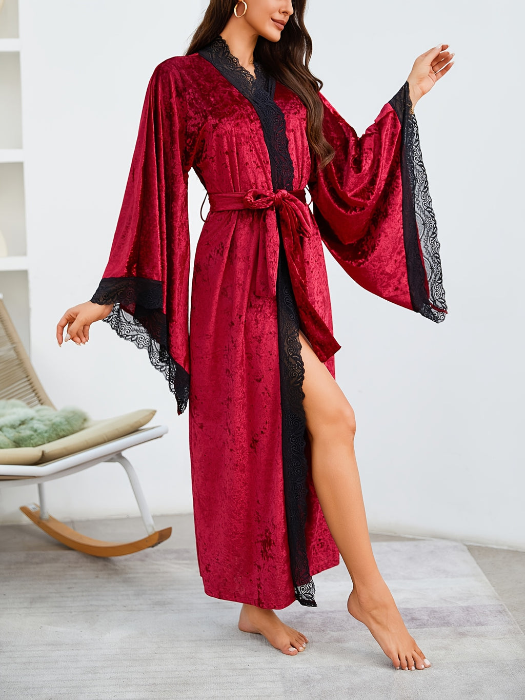 Women's burgundy velvet dressing gown with flared sleeves