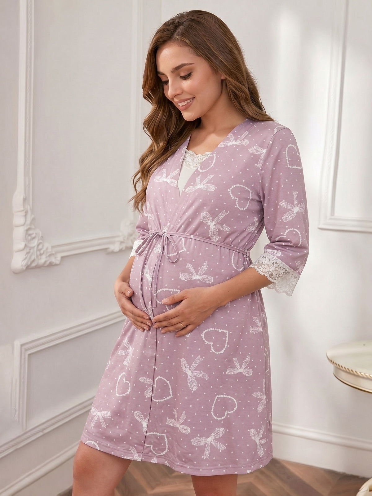 Women's maternity lace dressing gown and nightdress set