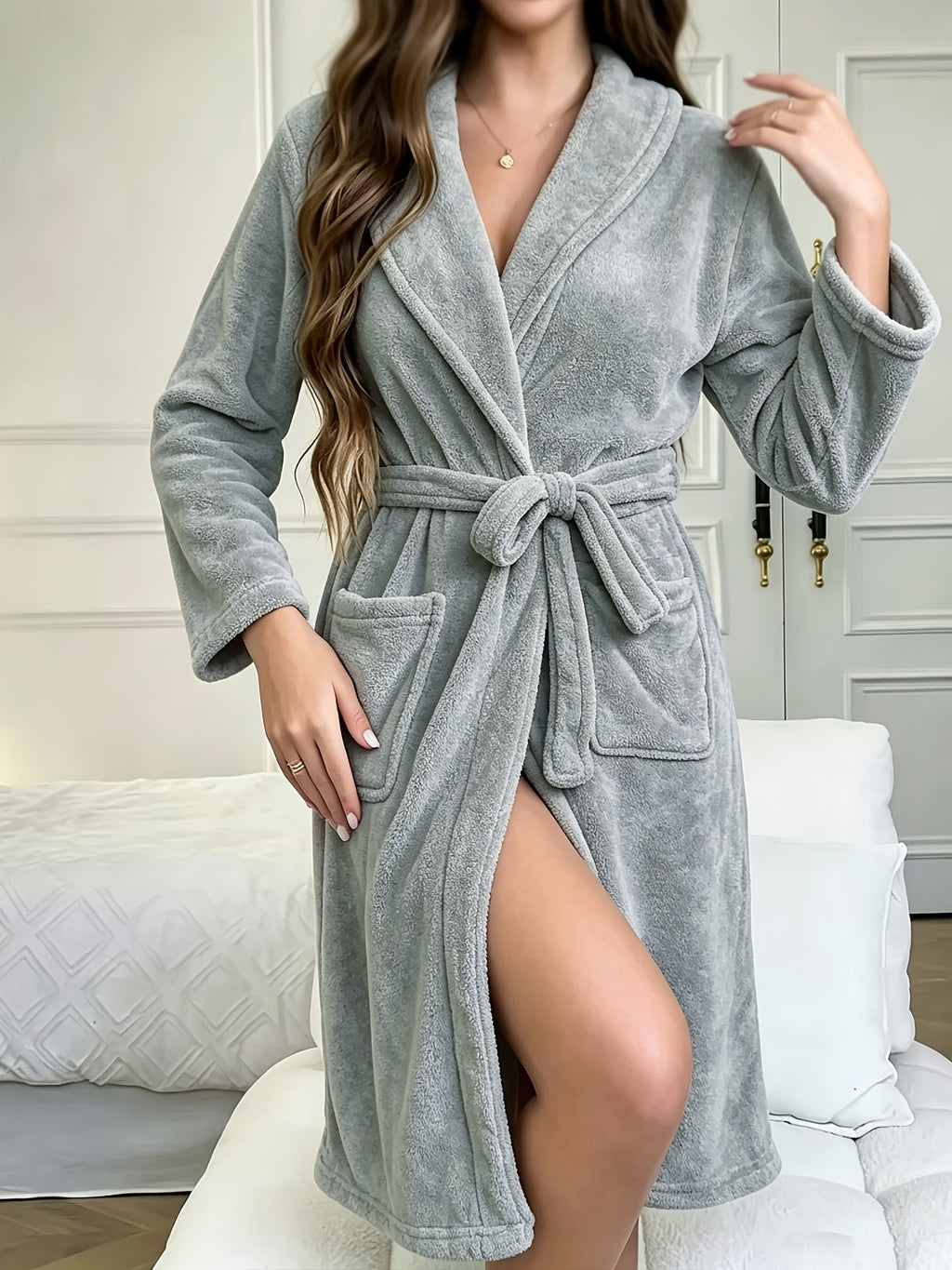 Women's white long flannel bathrobe