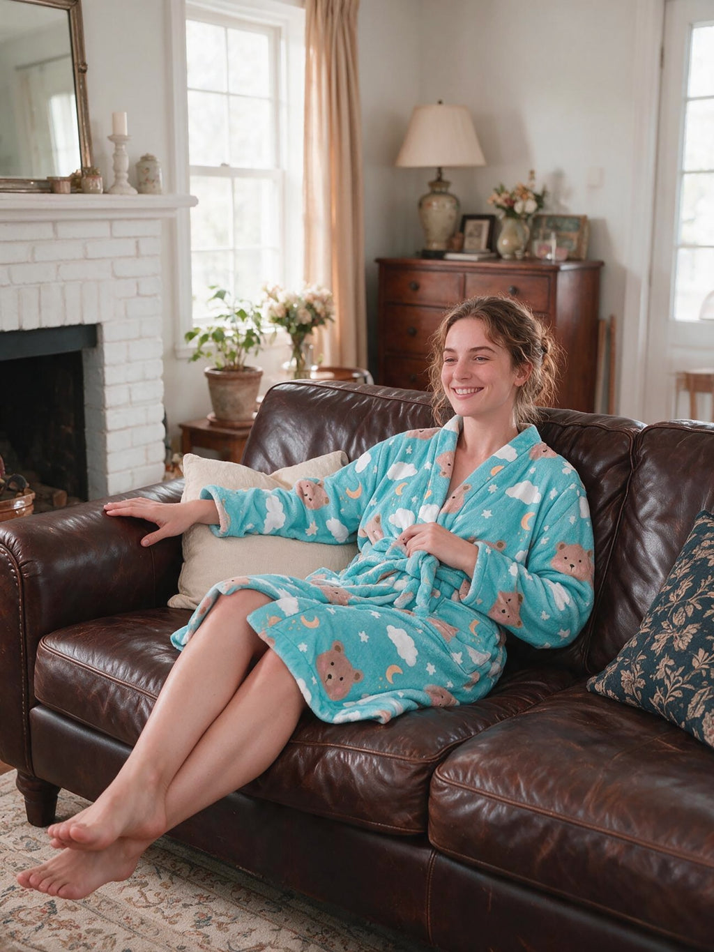Women's teal bear print fleece bathrobe