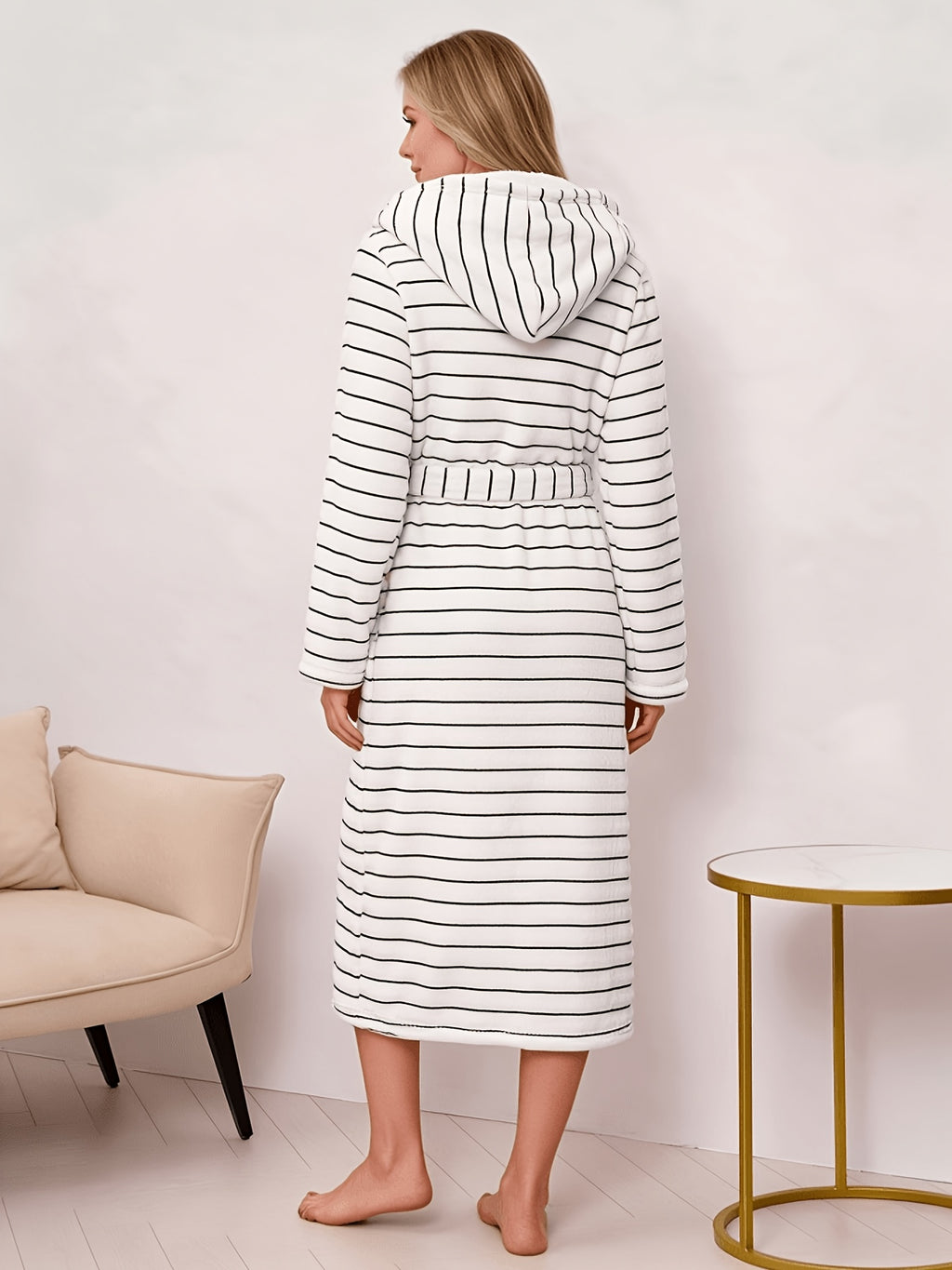 Women's white hooded striped bathrobe