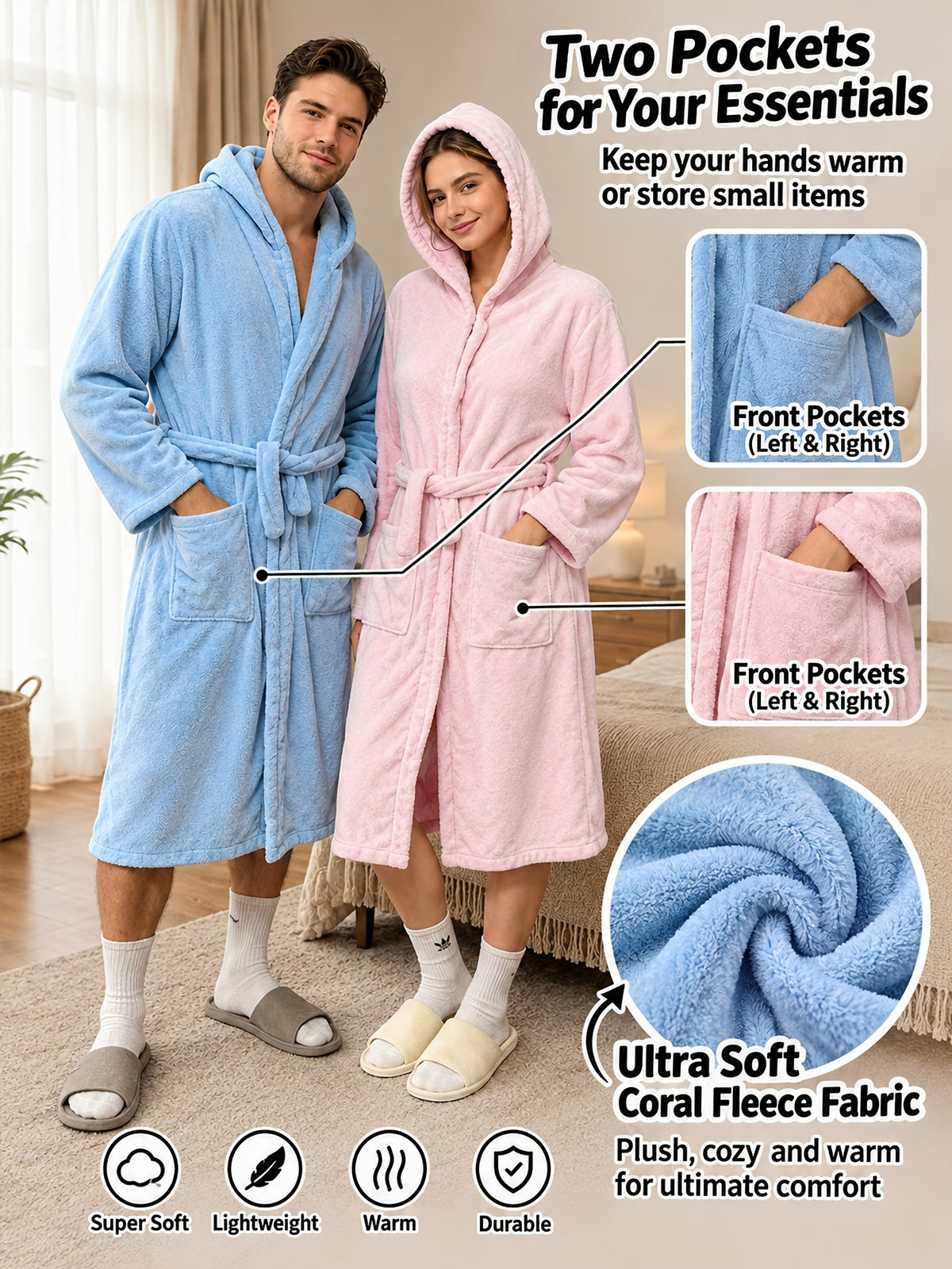 Unisex long hooded fleece bathrobe