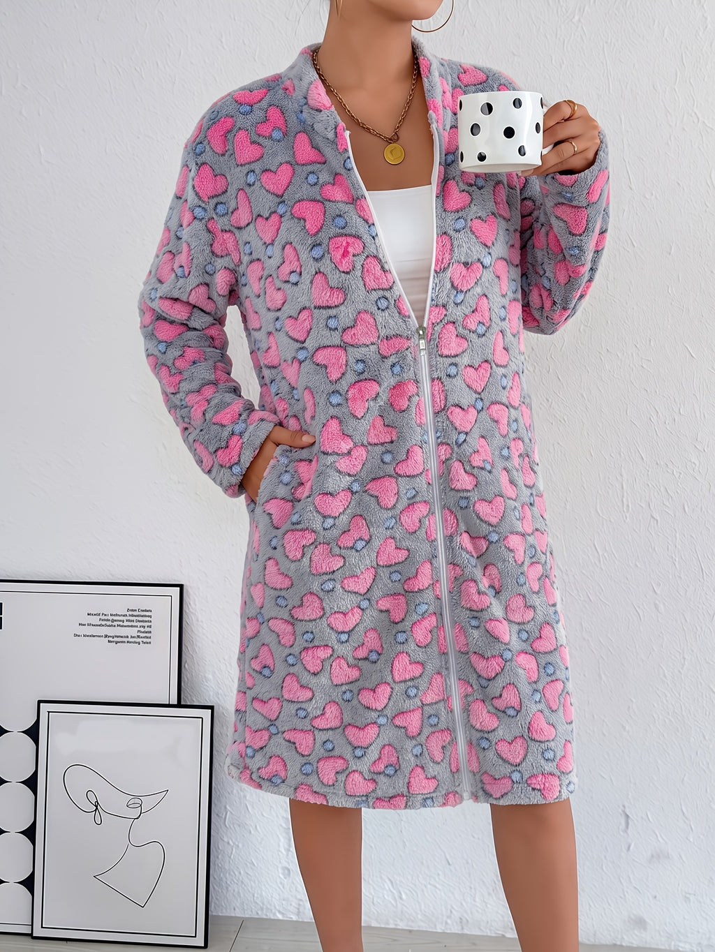Women's heart and polka dot flannel zip-up dressing gown