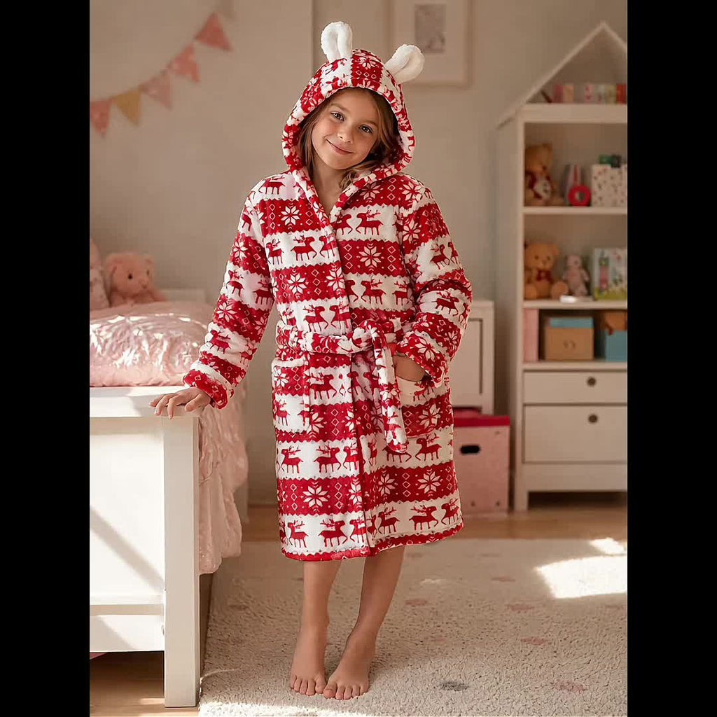 Girls' grey heart print hooded fleece dressing gown