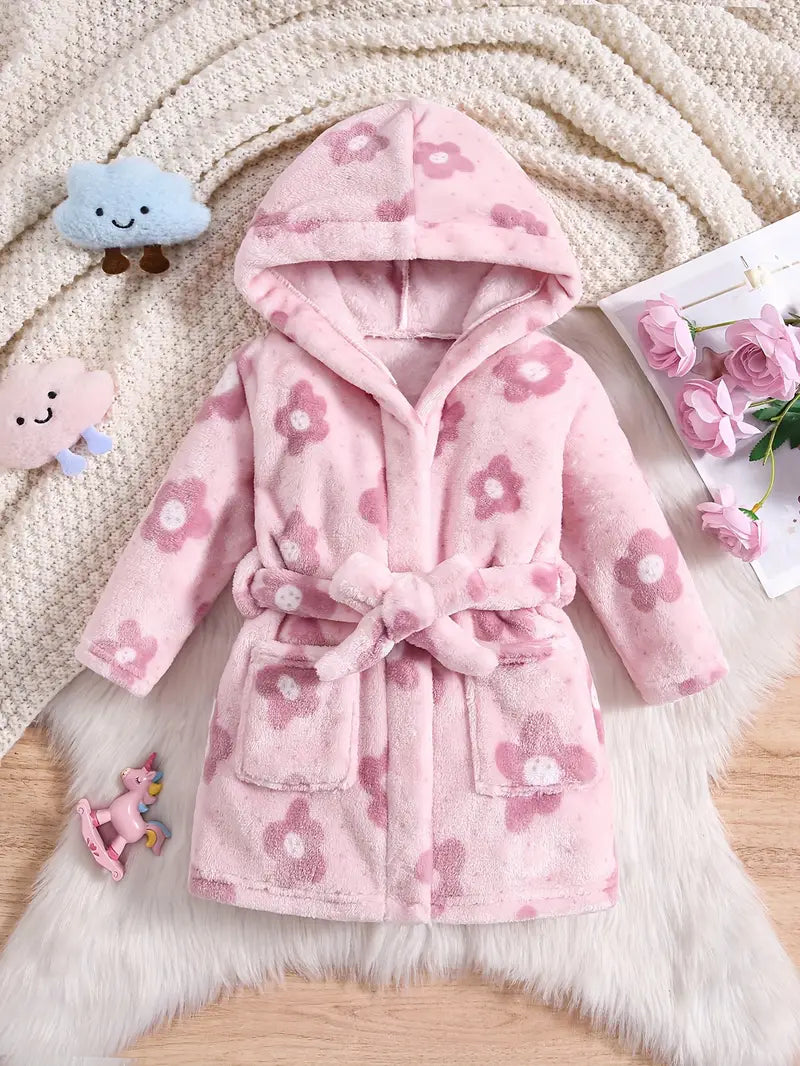 Peignoir de Bain Enfant en Polaire à Fleurs Rose — coloris rose