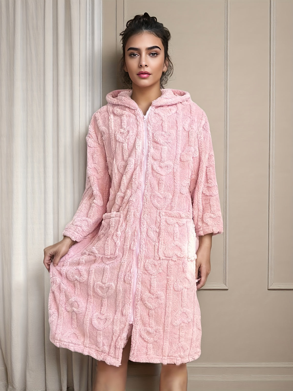 Women's heart print hooded zip-up dressing gown