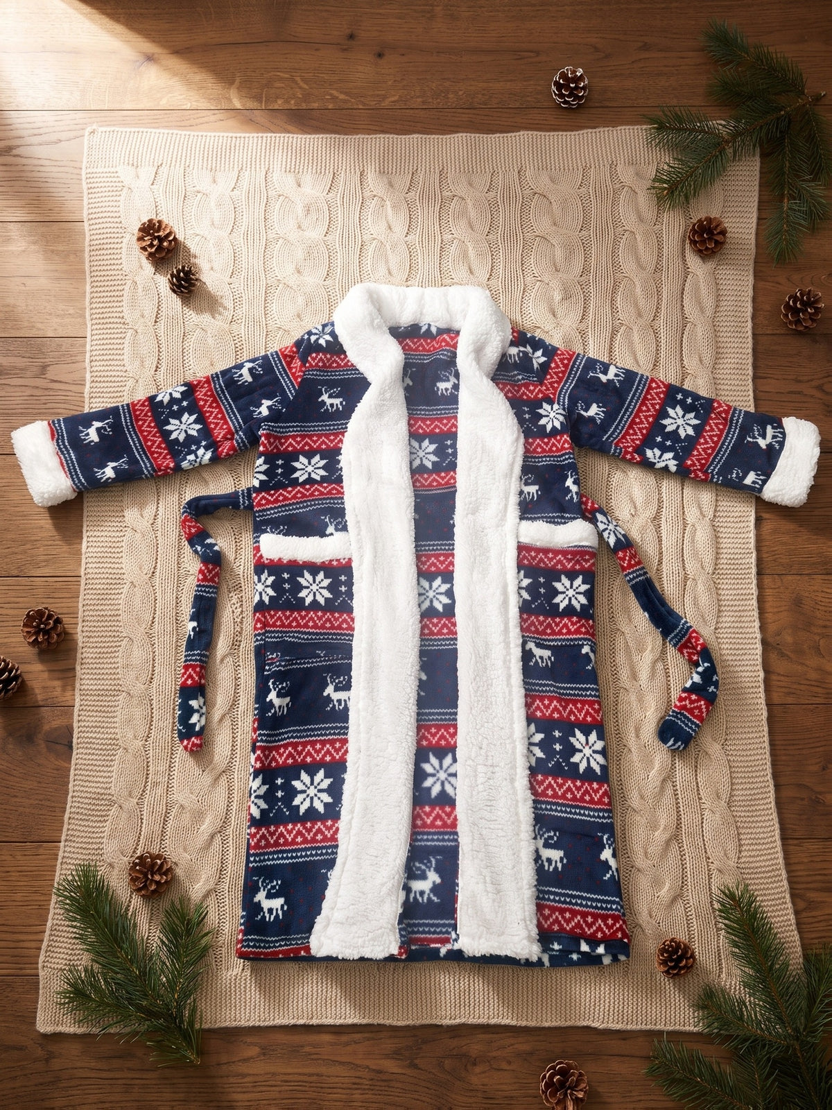 Men's navy Fair Isle Christmas flannel dressing gown Image