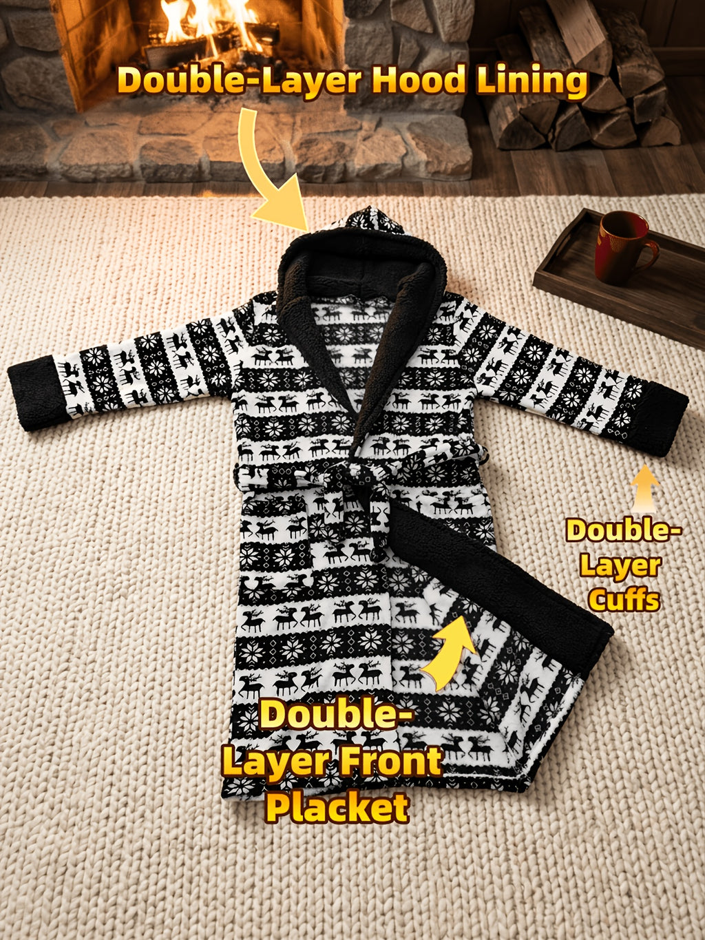 Men's black Fair Isle hooded Christmas dressing gown