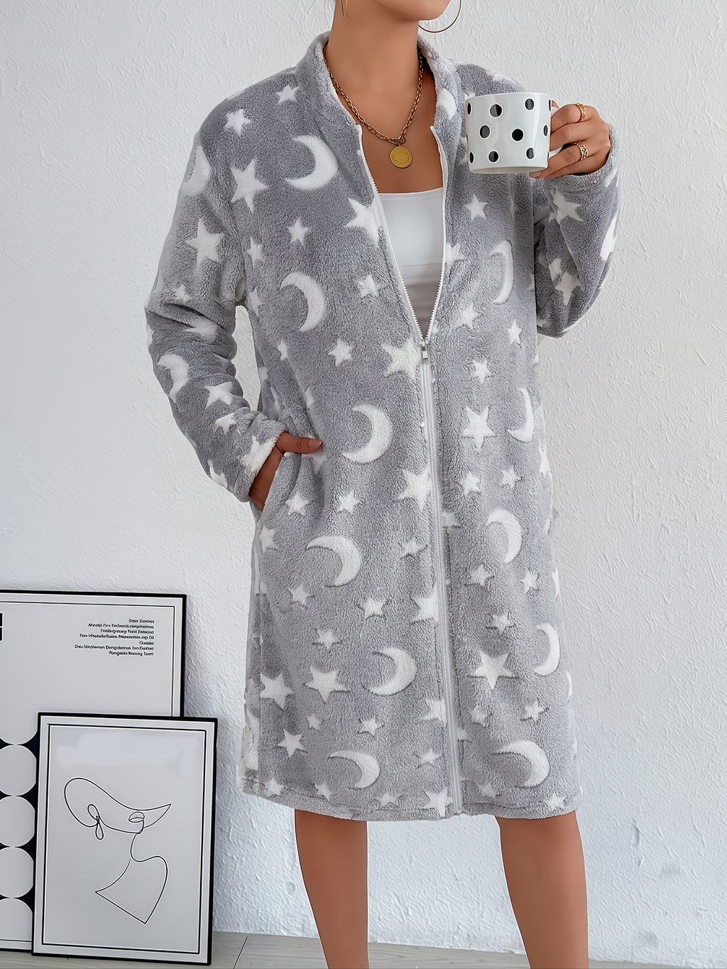 Women's star and moon flannel zip-up dressing gown