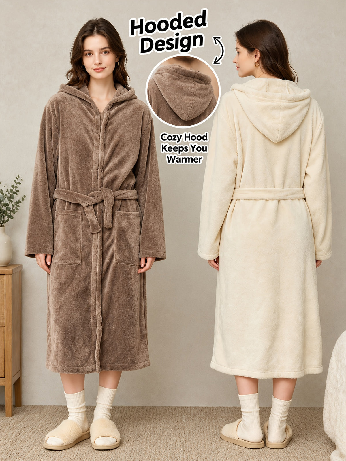 Unisex long hooded fleece bathrobe