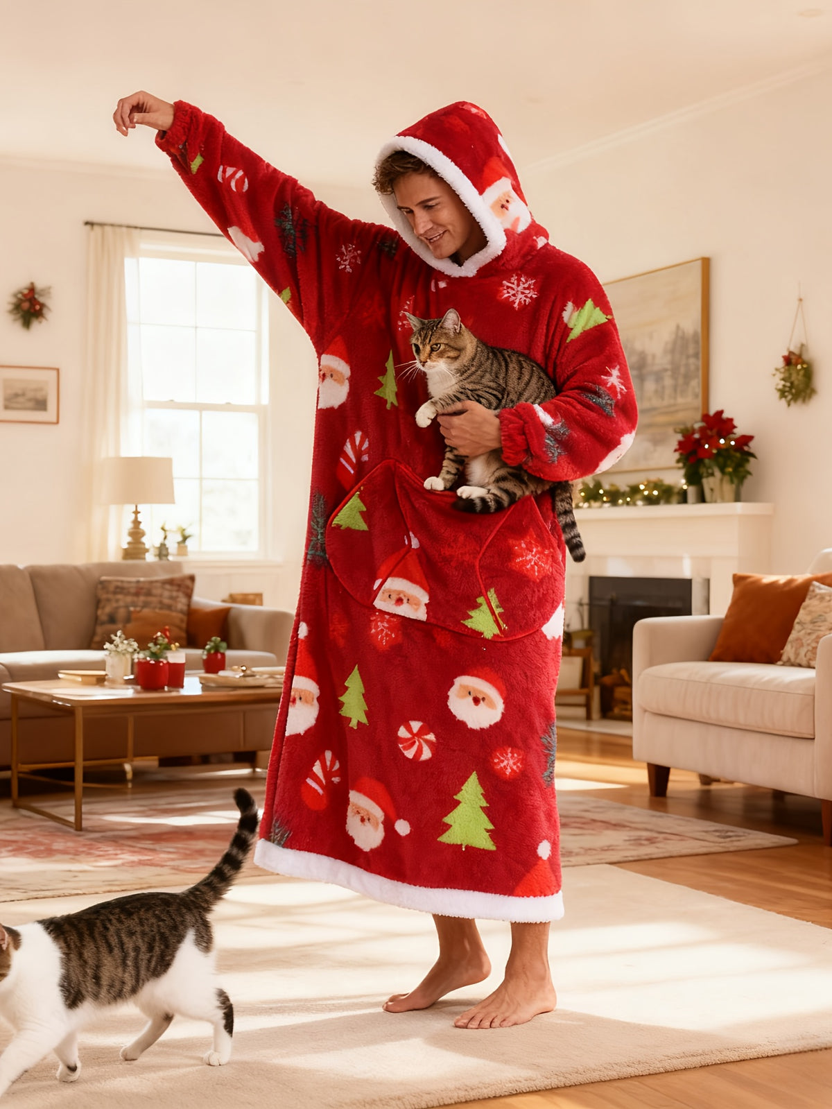 Women's red Christmas hooded fleece dressing gown