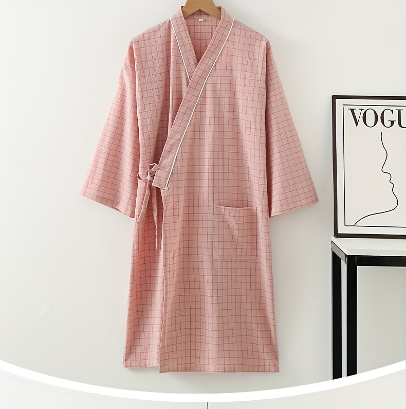 Women's pink checked kimono dressing gown