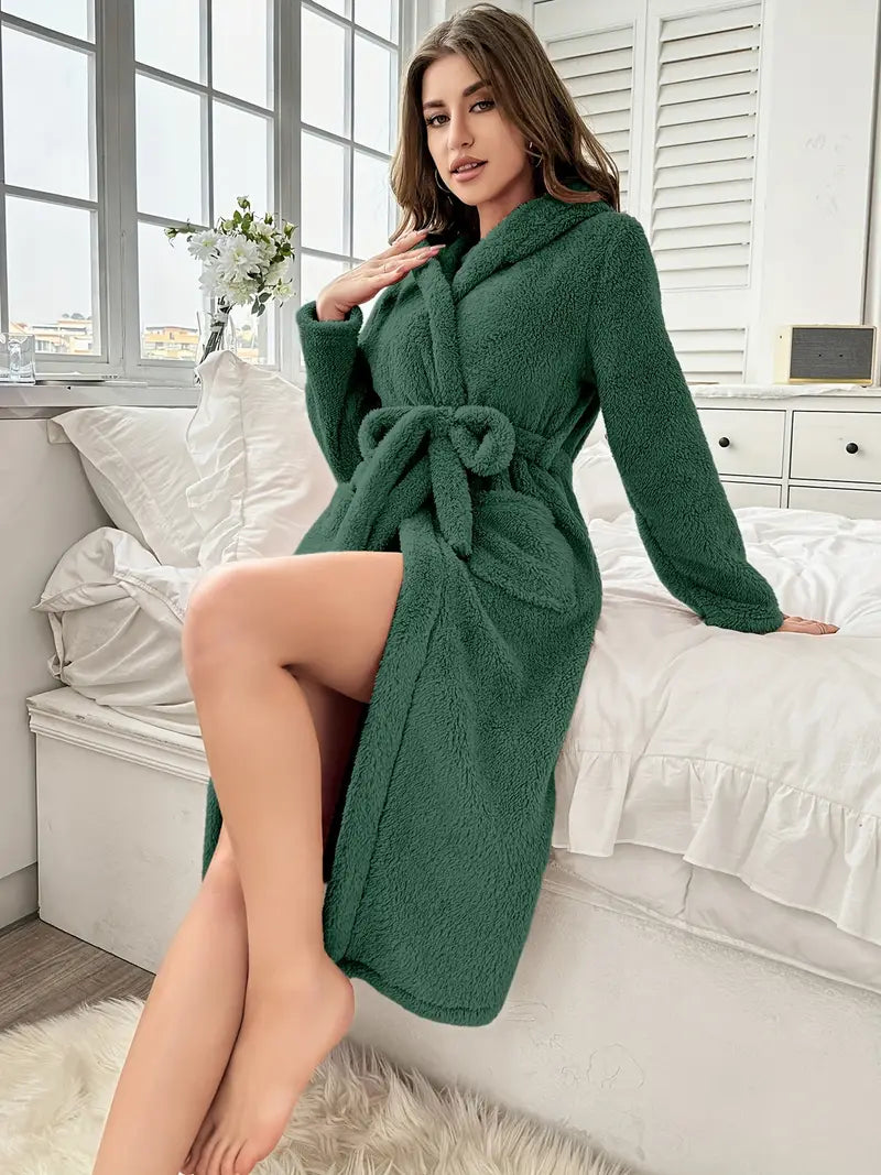 Green plus size hooded fleece bathrobe