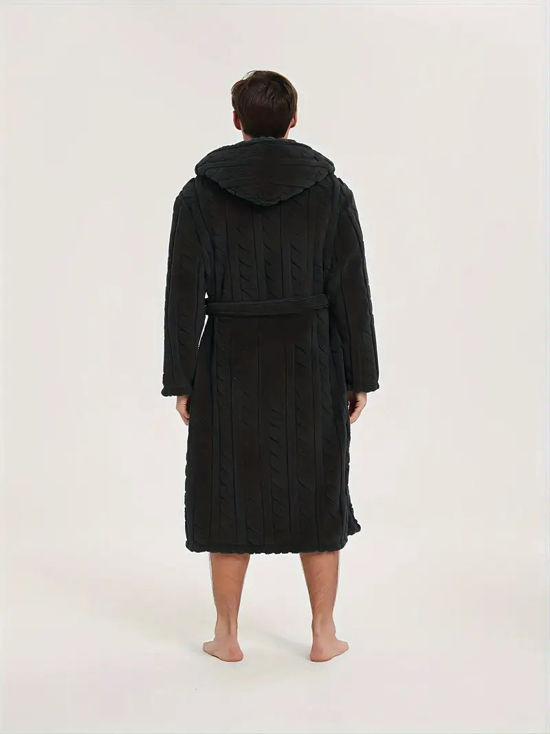 Men's hooded winter fleece bathrobe