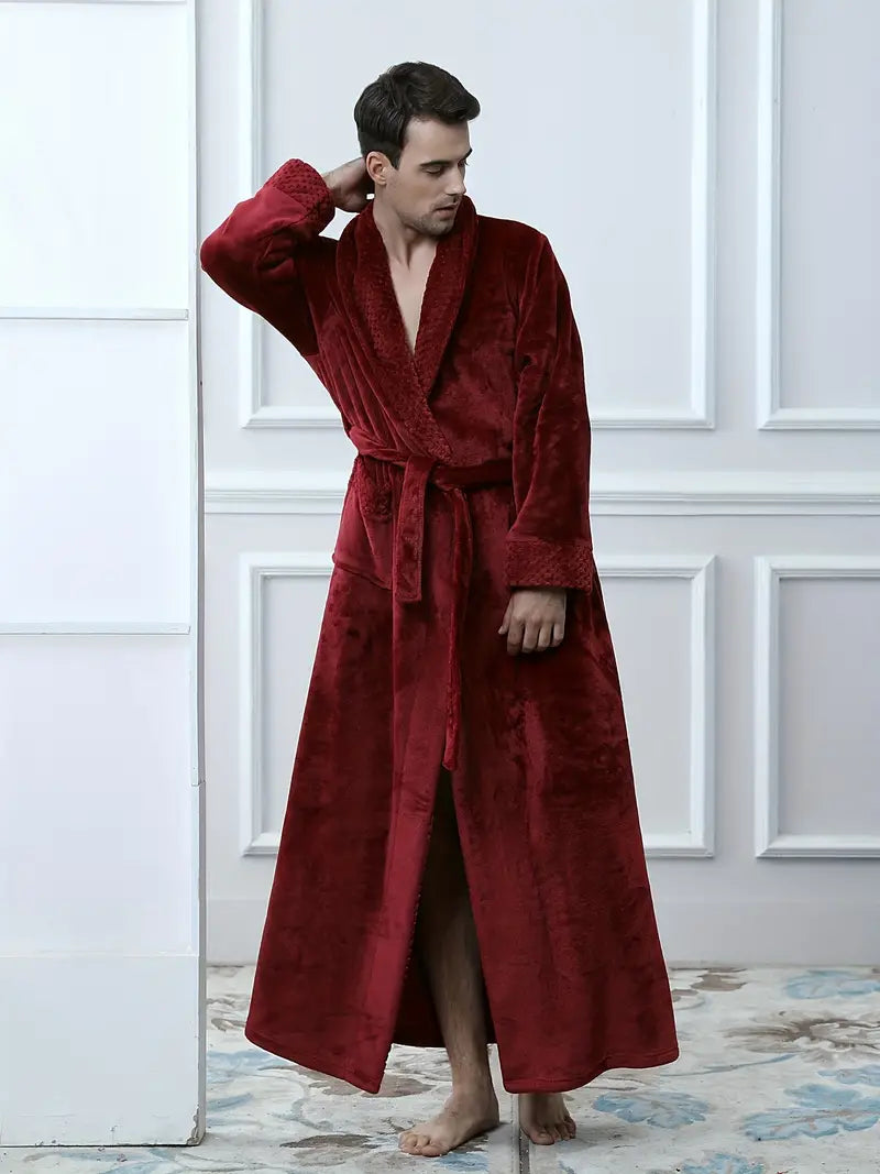 Men's long thick fleece bathrobe, luxury