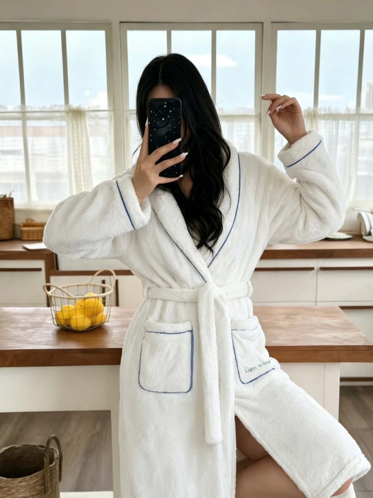 Women's white long fluffy fleece bathrobe
