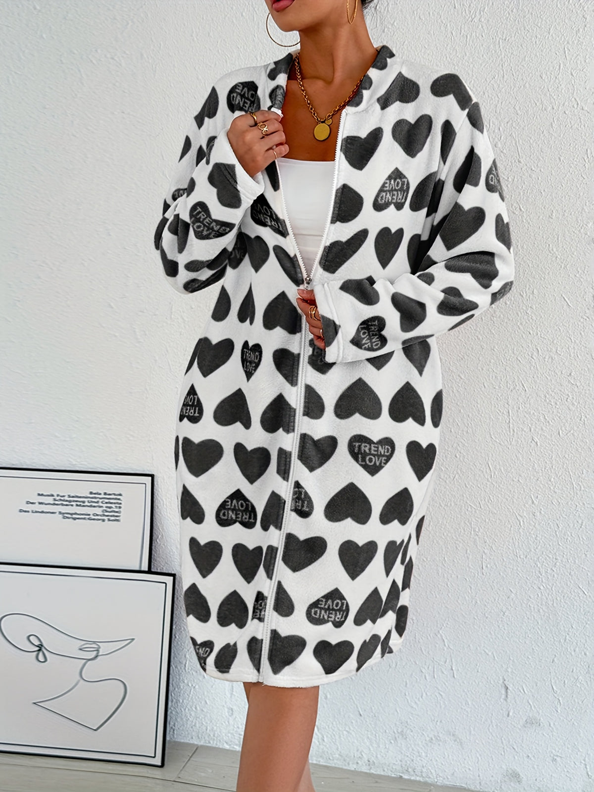 Women's red heart flannel zip-up dressing gown