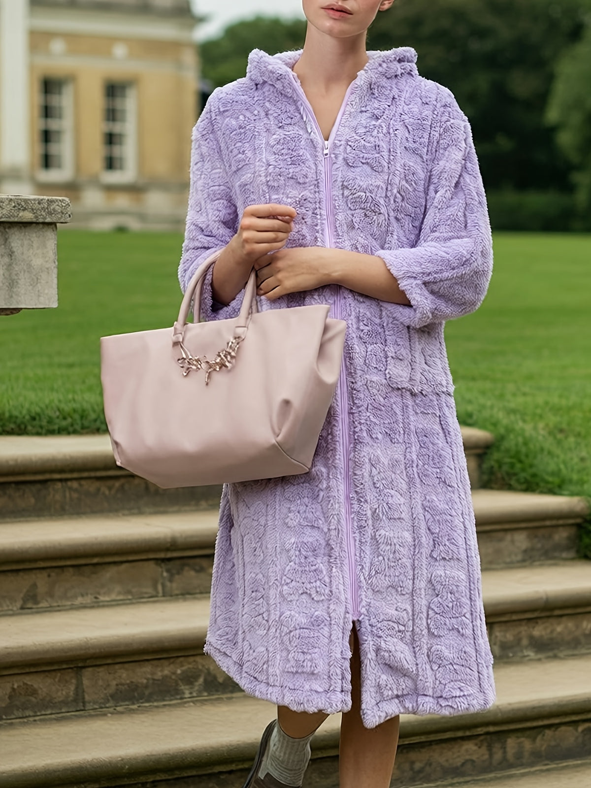 Women's heart print hooded zip-up dressing gown