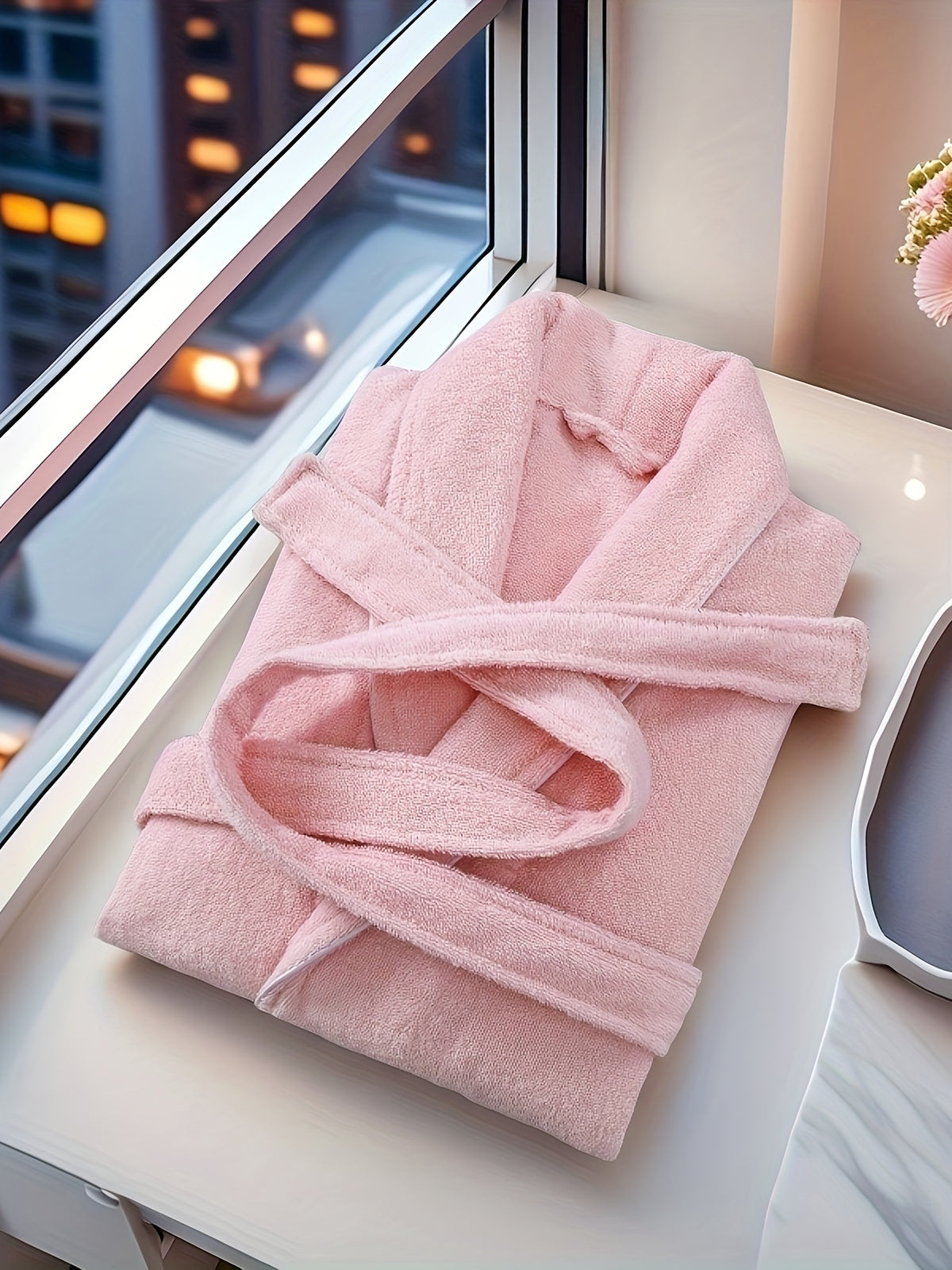 Unisex pink long towelling bathrobe