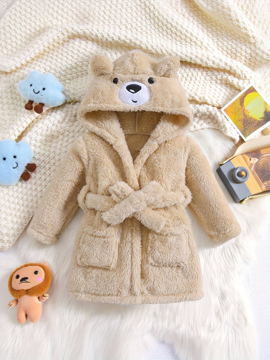 Baby white hooded fluffy fleece dressing gown