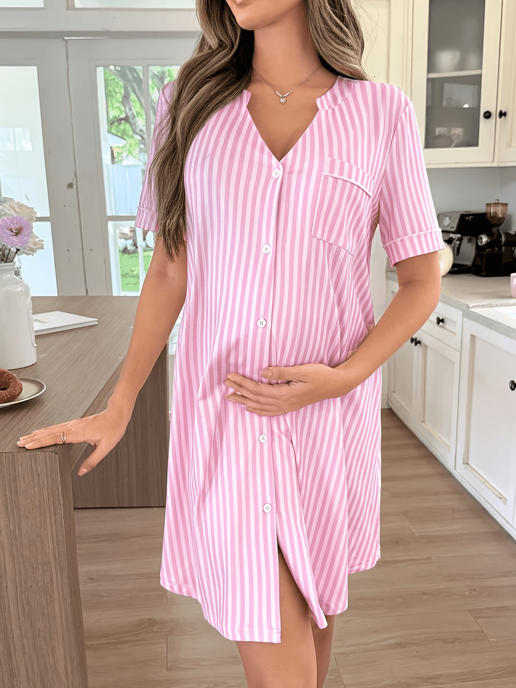 Women's striped button-up maternity nightdress