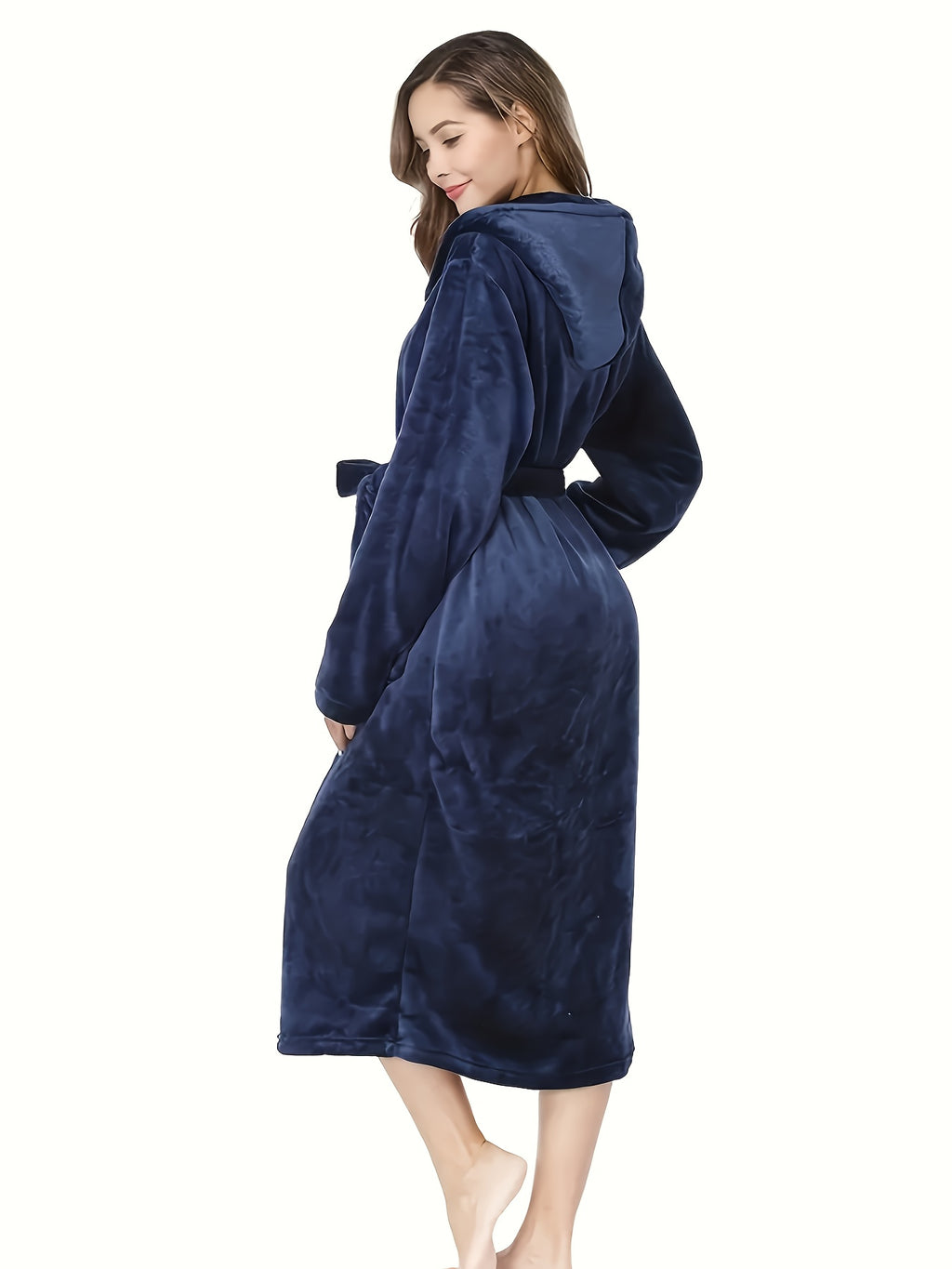 Women's long hooded flannel bathrobe