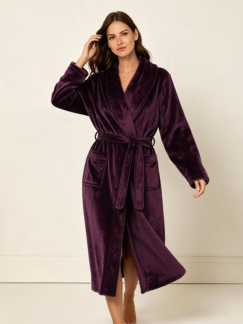 Women's plum flannel long dressing gown