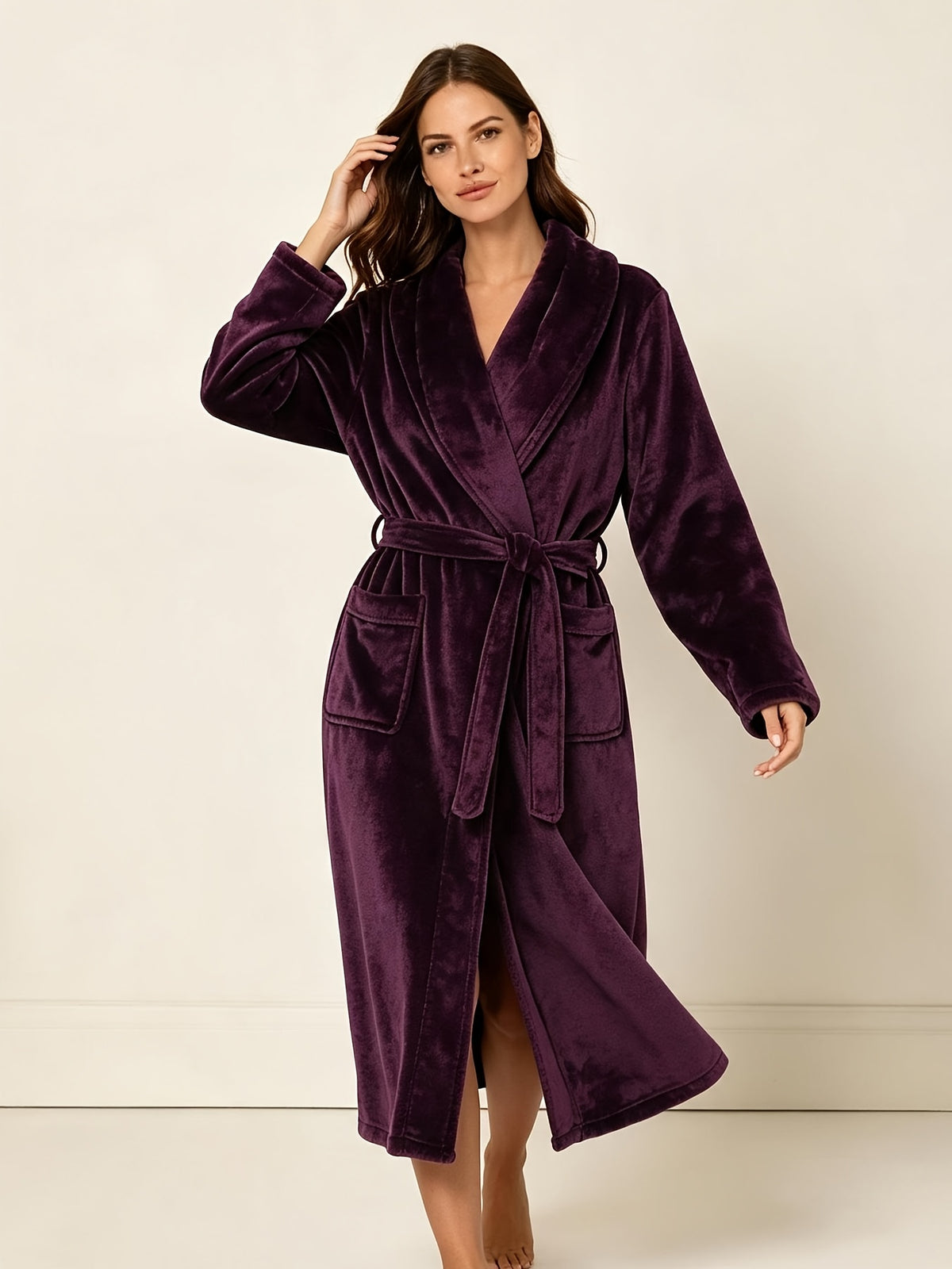 Women's plum flannel long dressing gown