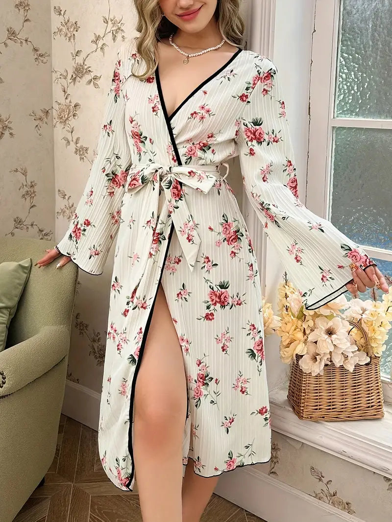 Women's floral kimono robe with trim — White