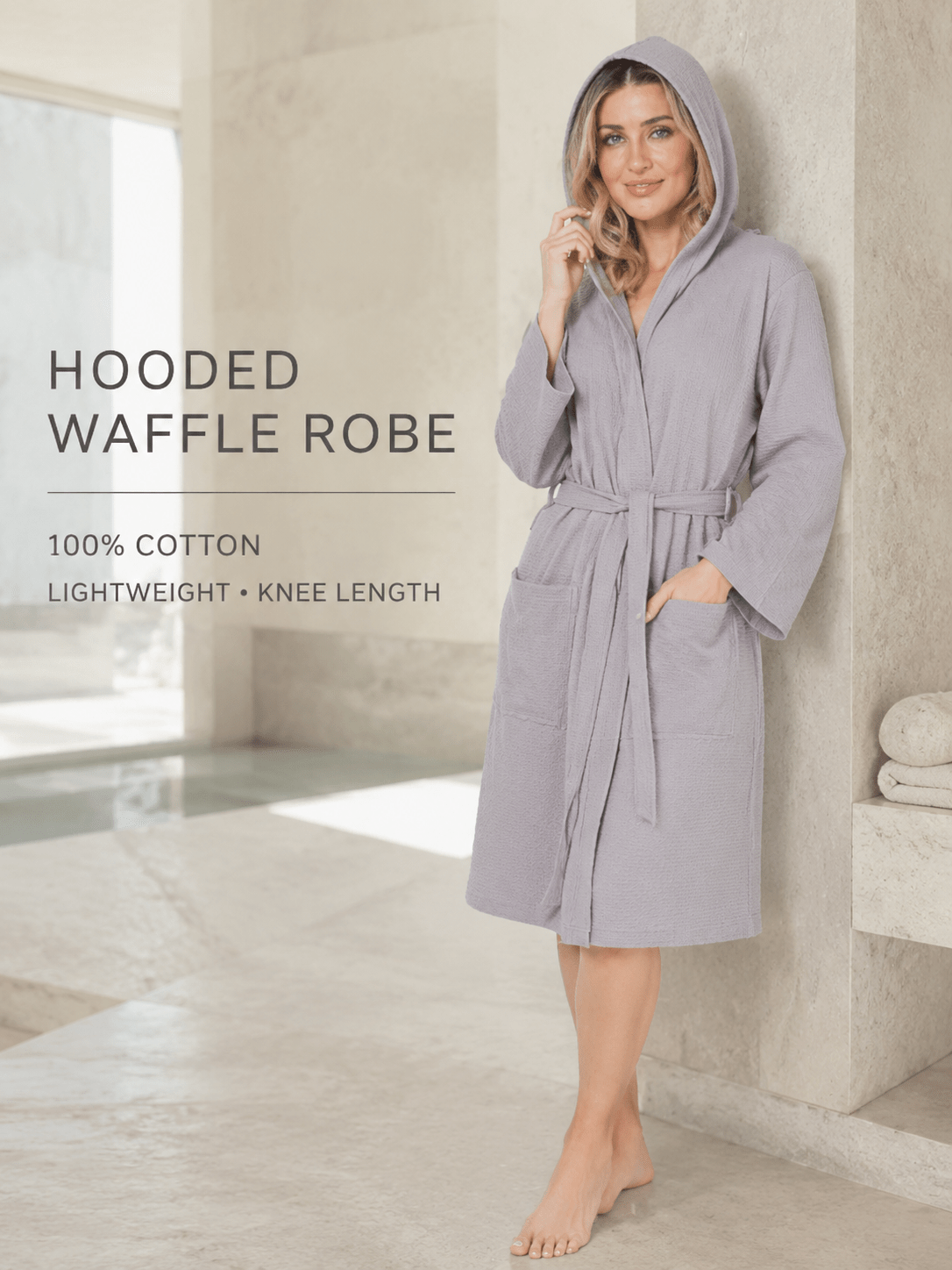 Women's hooded waffle bathrobe