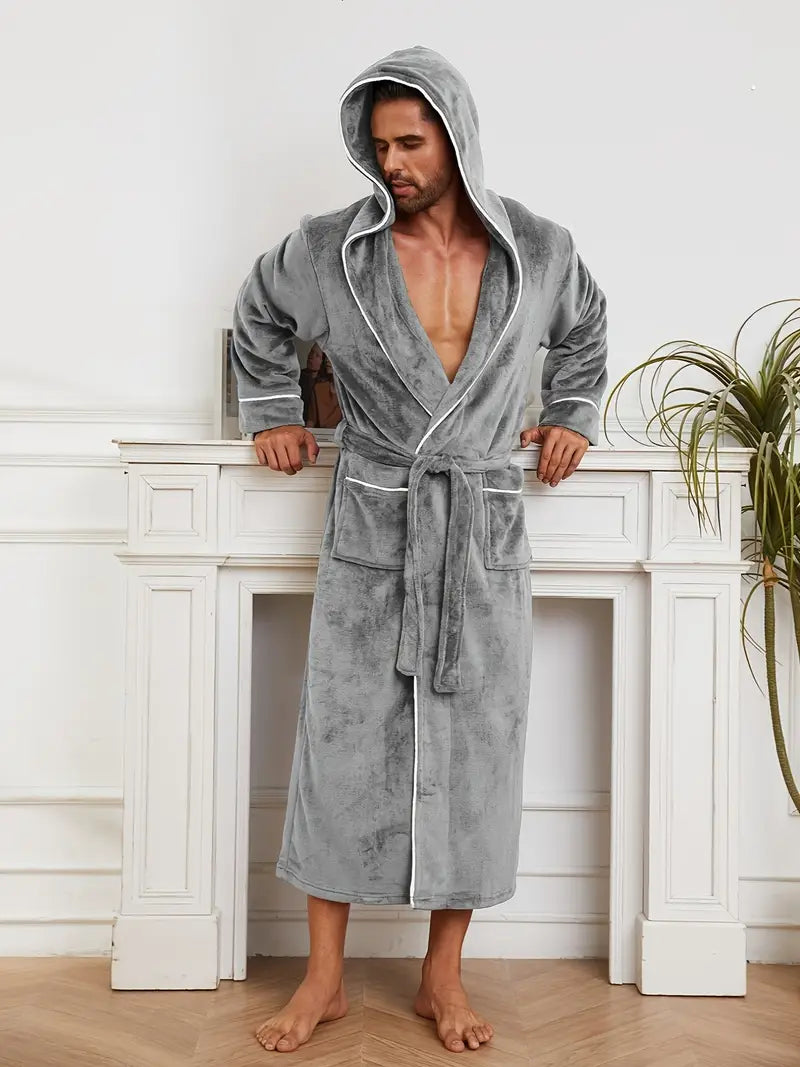 Men's luxury long hooded fleece dressing gown — White