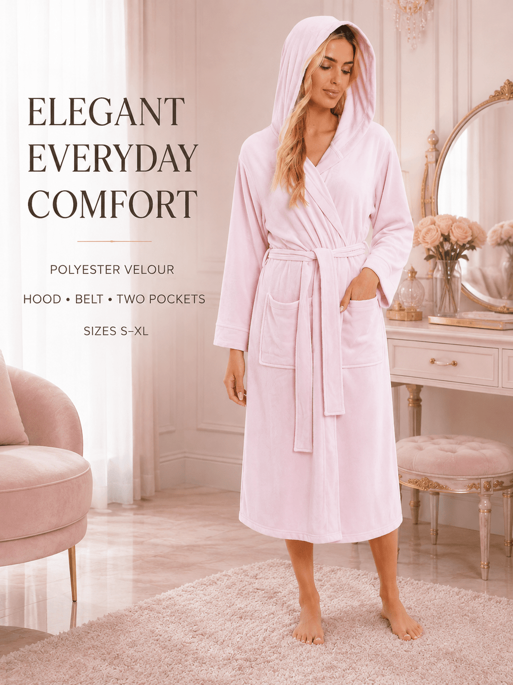 Women's long hooded velour bathrobe