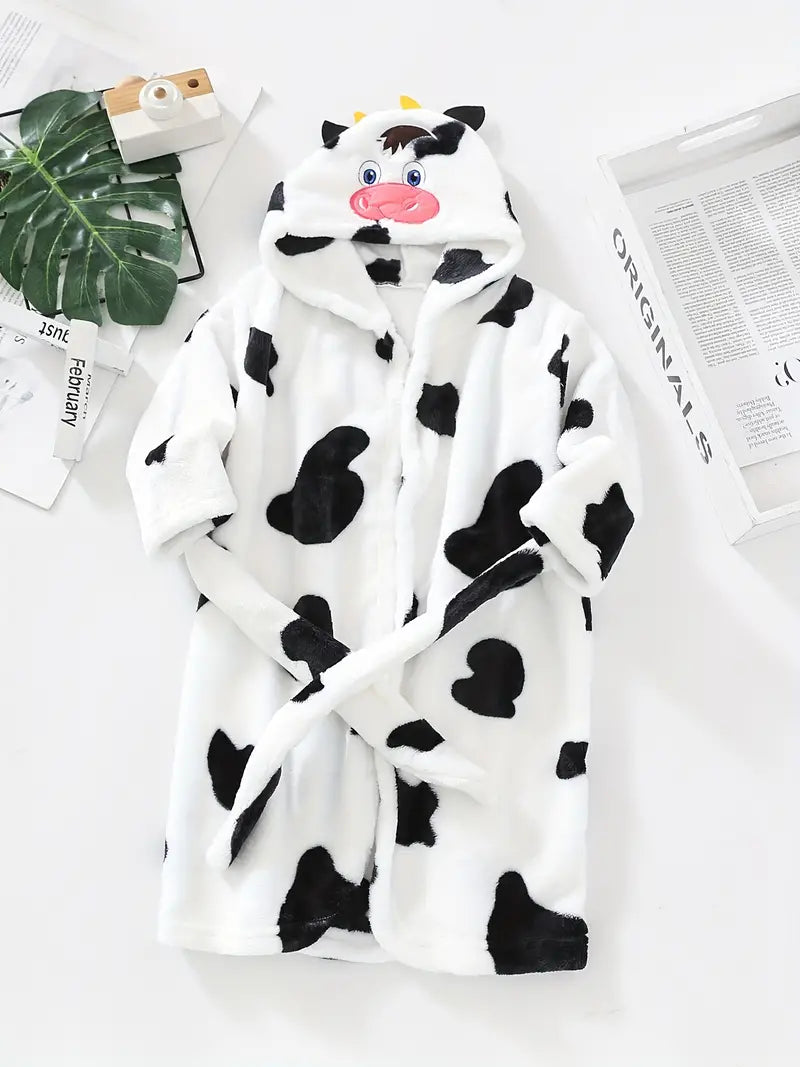 Kids' cow print fleece bathrobe — White Image