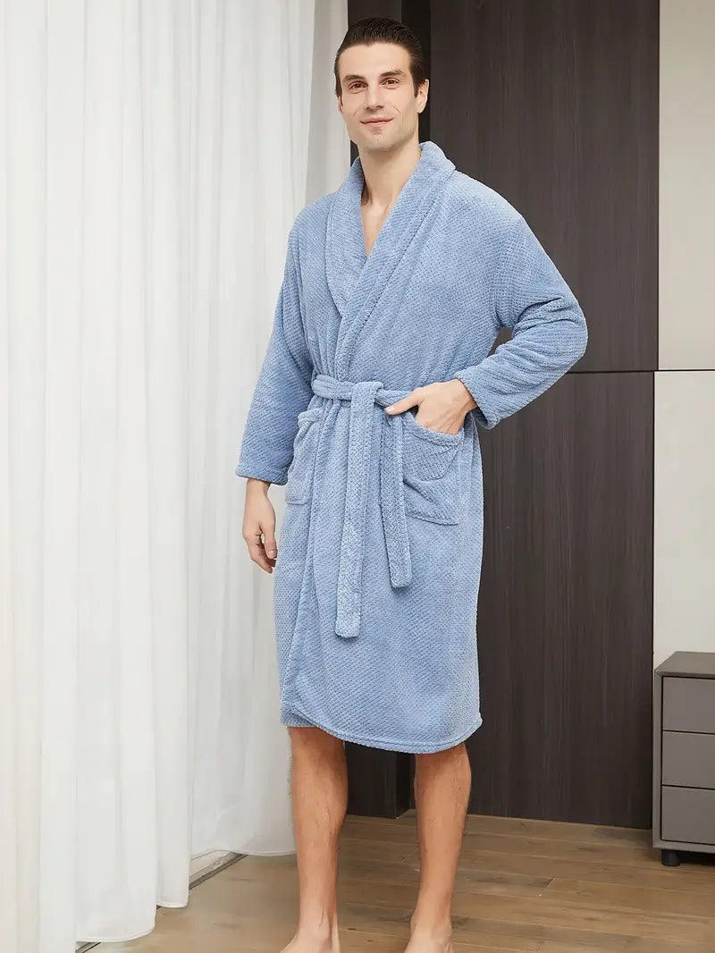 Men's long waffle cotton bathrobe — Blue