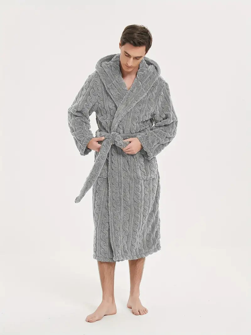 Men's hooded winter fleece bathrobe — Grey