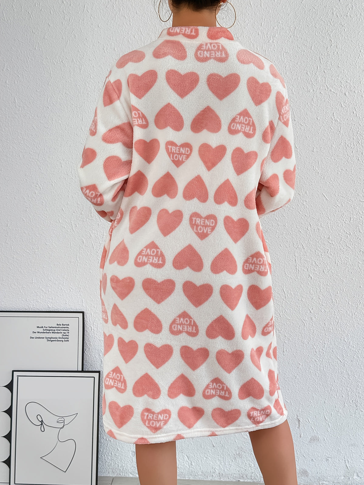 Women's red heart flannel zip-up dressing gown