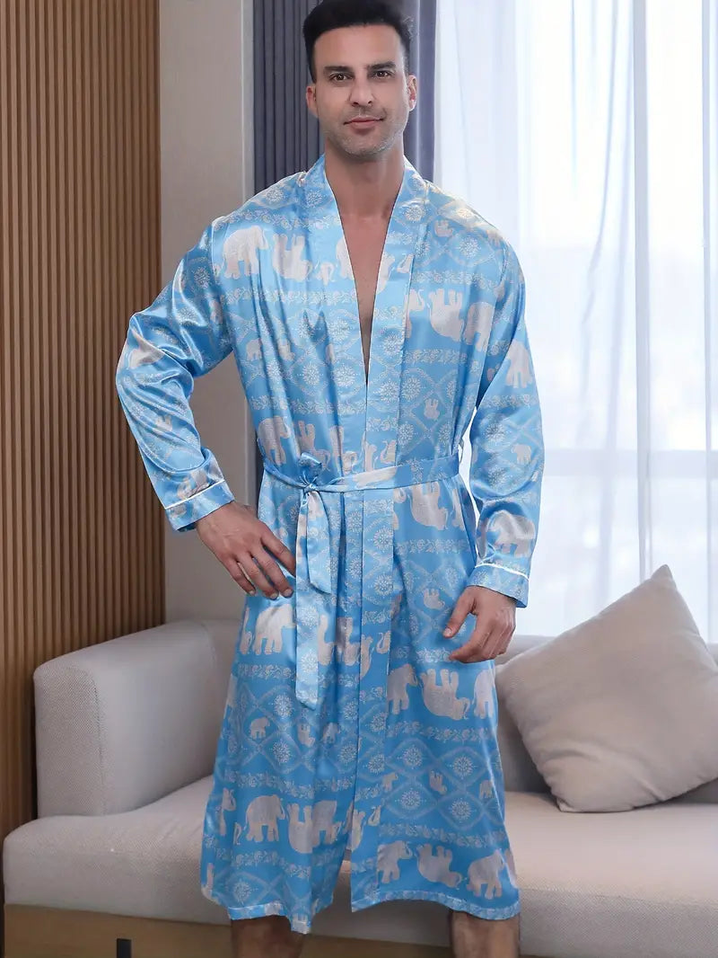 Men's long blue satin kimono robe, plus size