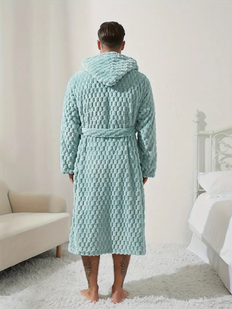 Men's long blue hooded luxury bathrobe