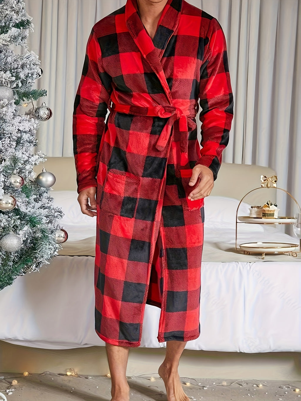 Men's red and black check flannel dressing gown