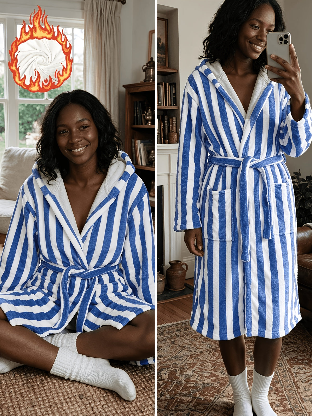 Women's blue striped hooded bathrobe Image