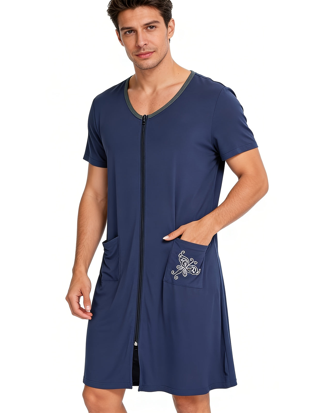 Men's zip front short sleeve lounge robe
