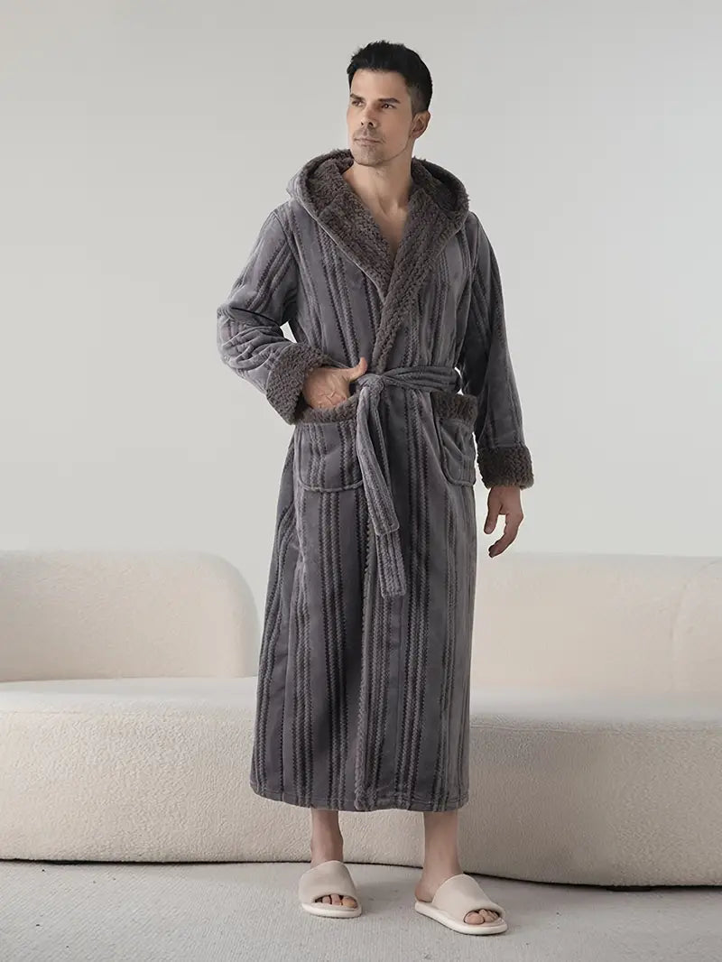Long hooded fleece bathrobe — Grey