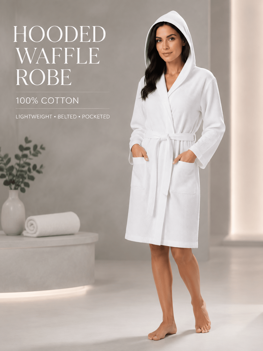 Women's hooded waffle bathrobe