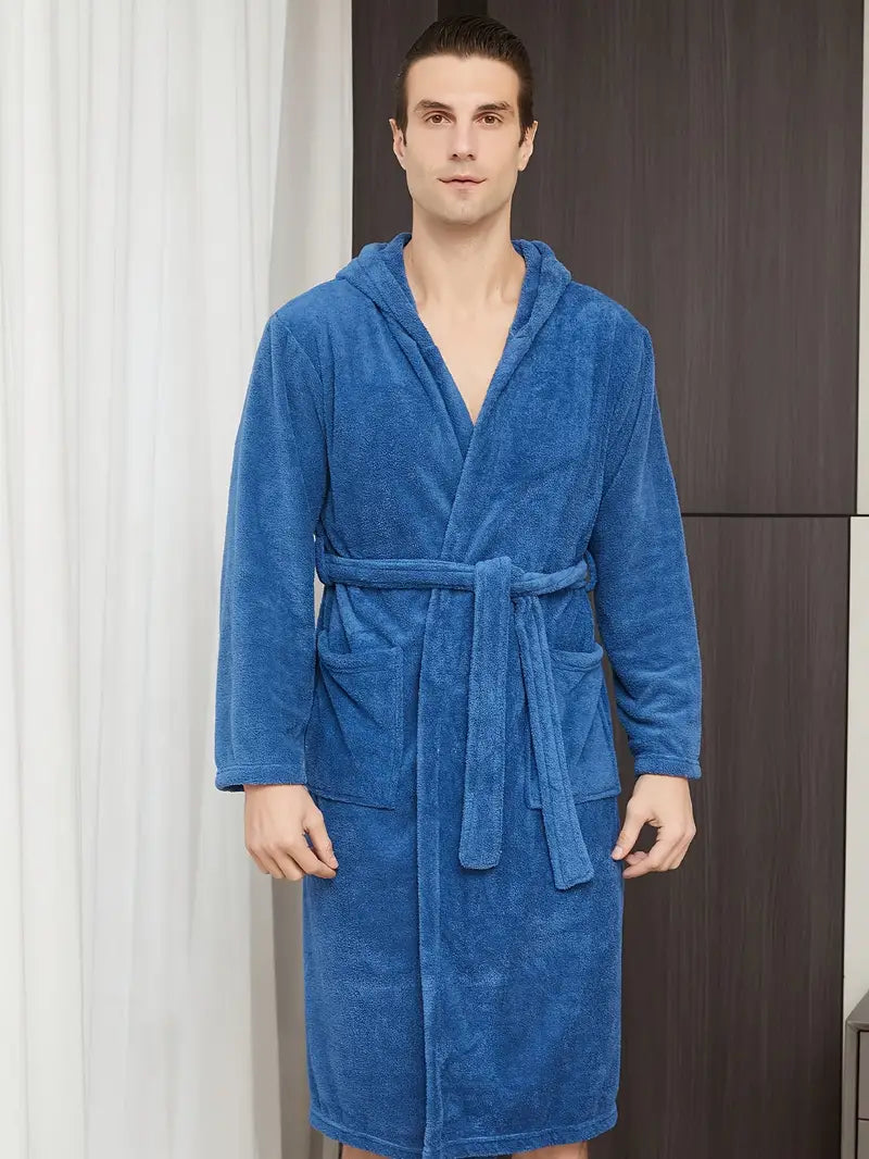 Men's blue hooded fleece bathrobe Image