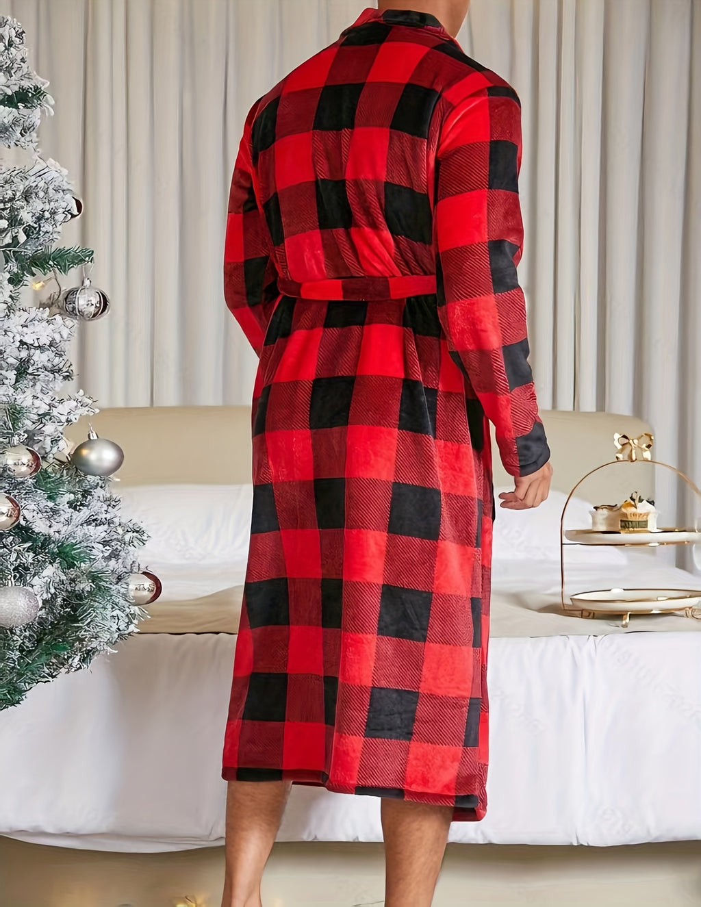 Men's red and black check flannel dressing gown