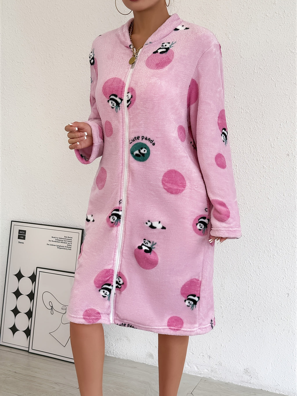 Women's pink patterned flannel zip-up dressing gown