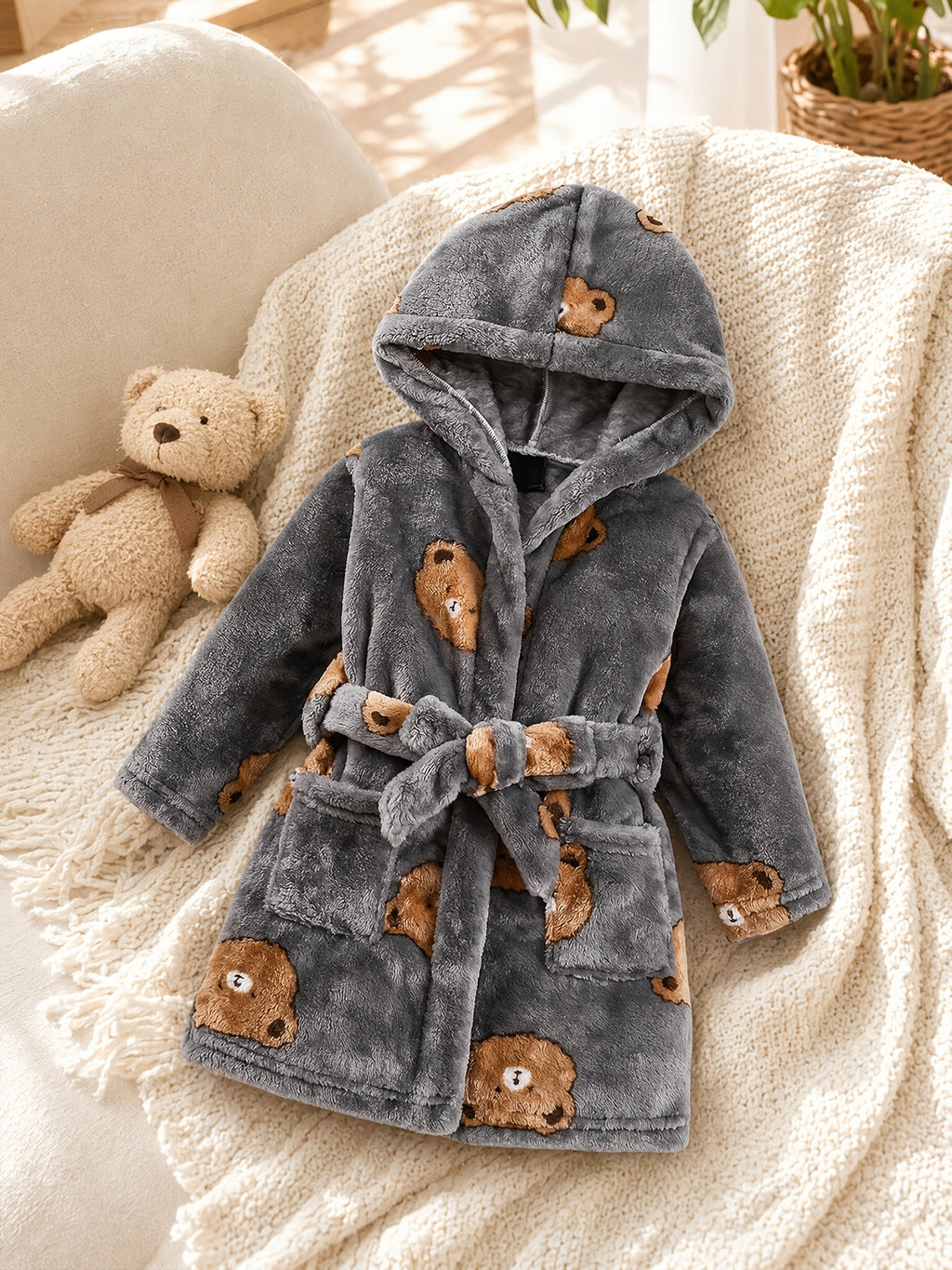Baby grey long hooded bathrobe