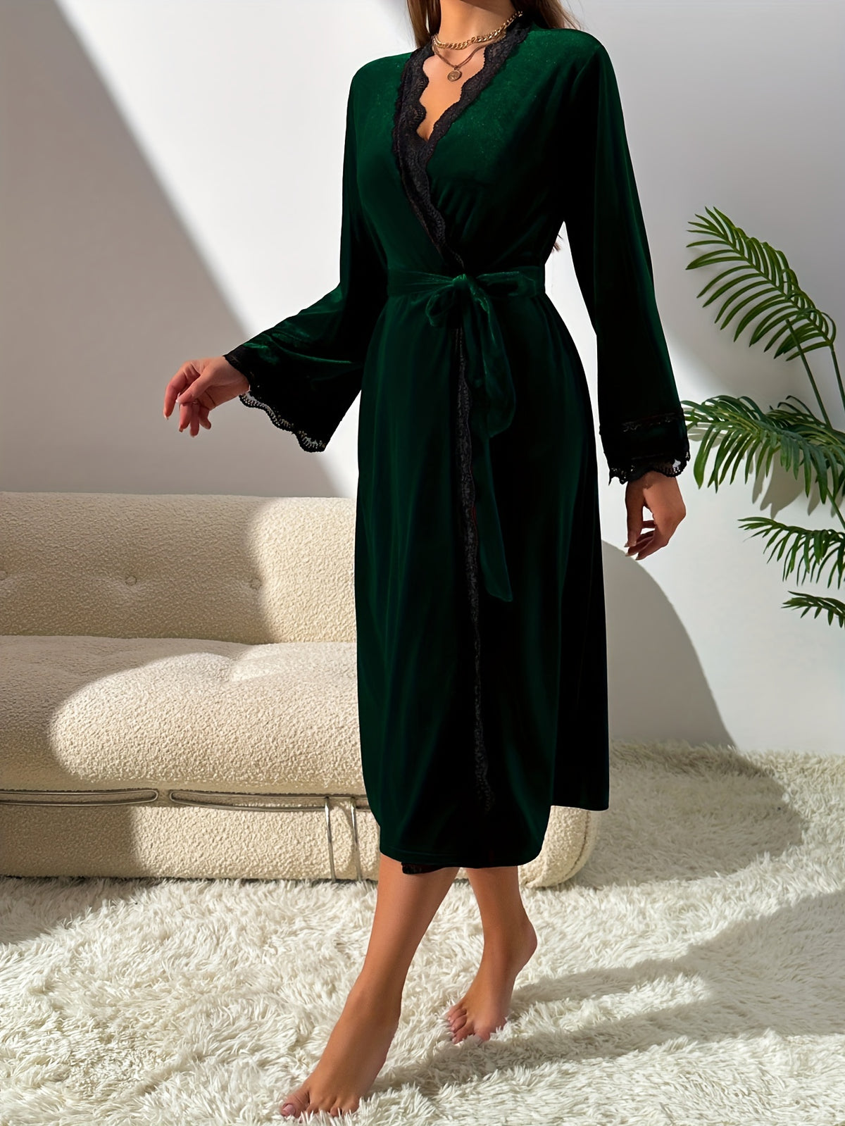 Women's dark green velvet dressing gown