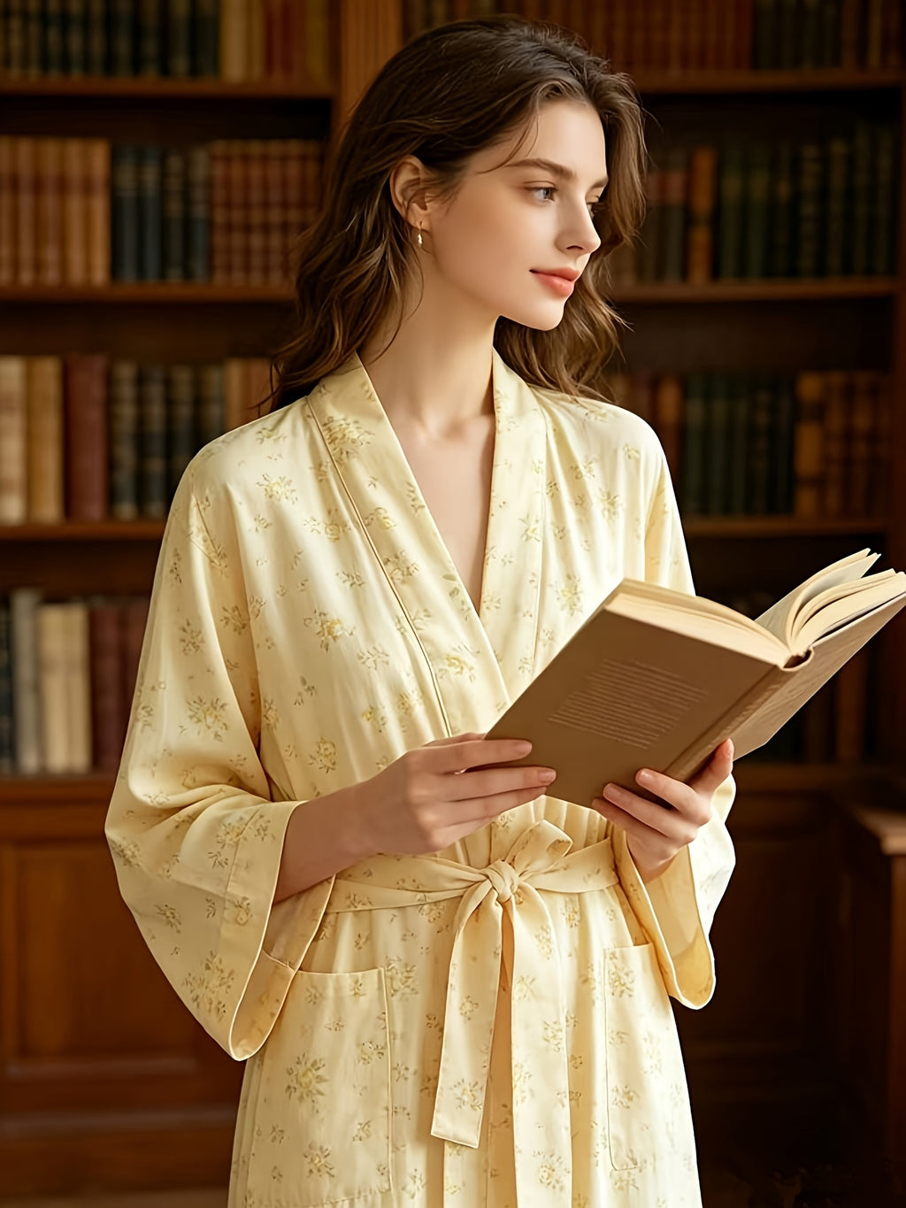 Women's cream jacquard kimono dressing gown