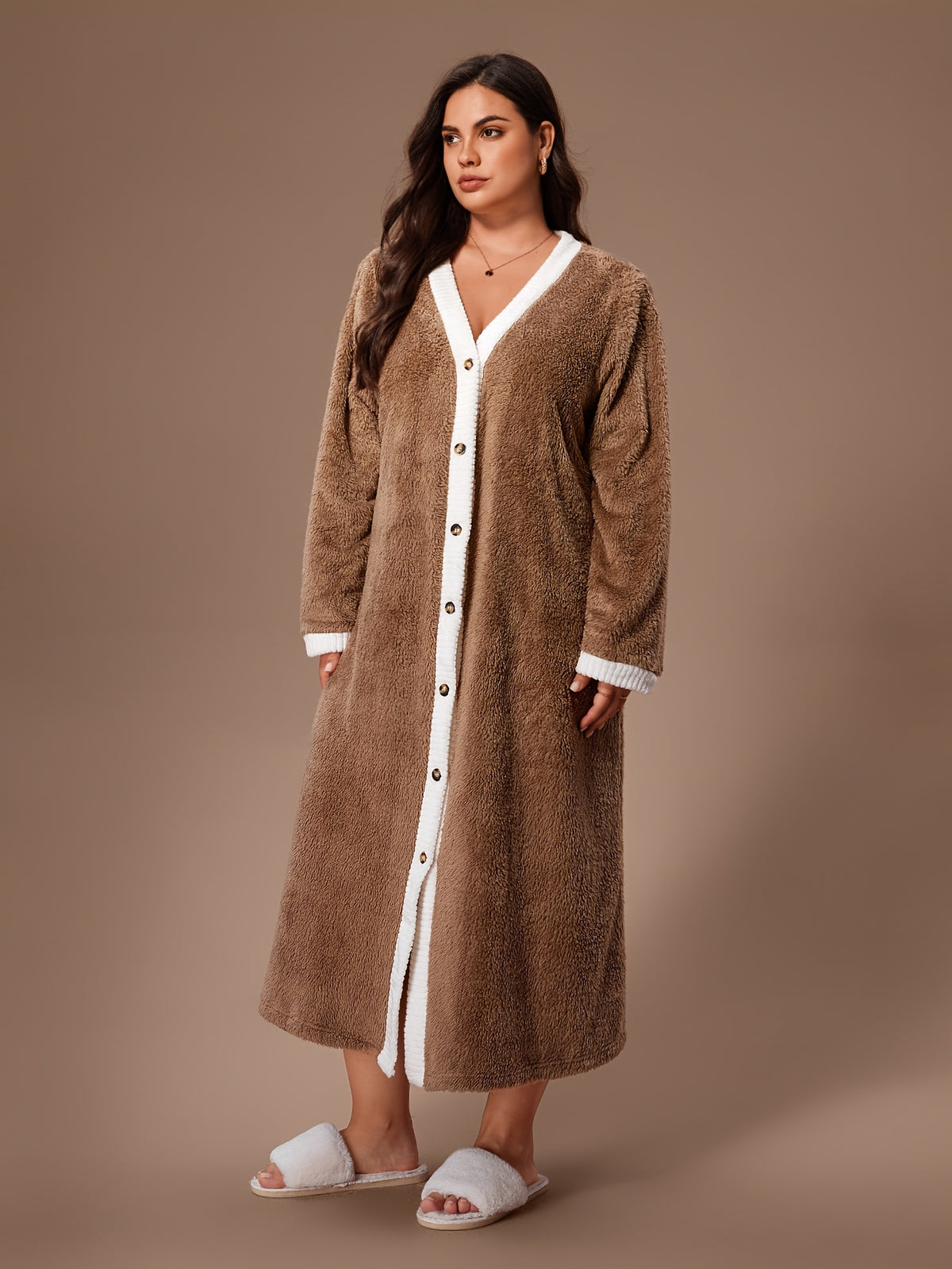 Women's plus size brown button-up fleece dressing gown